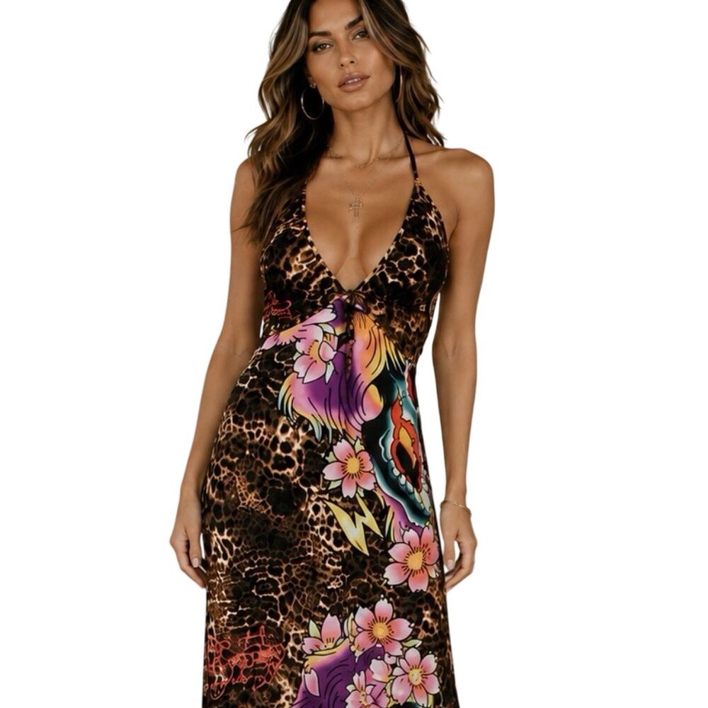 Y2K Ed Hardy Christian Audigier Leopard Skull Tattoo Halter Maxi Dress M -